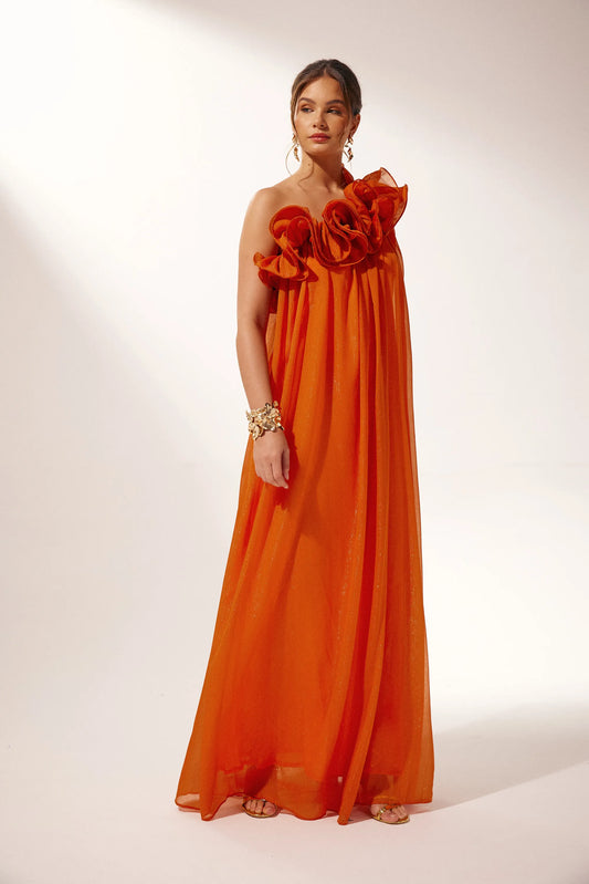 Modin Mode - Mavi Maxikleid mit Rüschen und One-Shoulder-Design