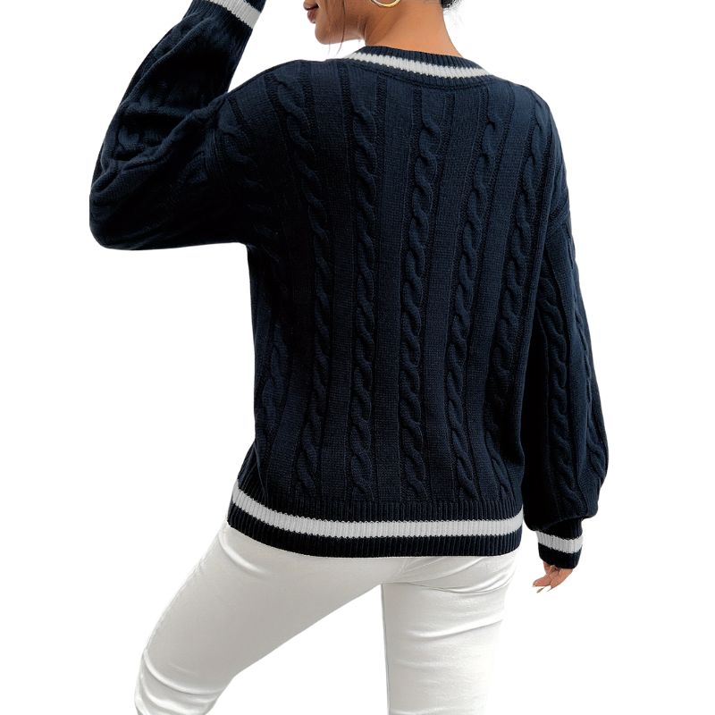 Eleganter Zopfstrick V-Ausschnitt Pullover