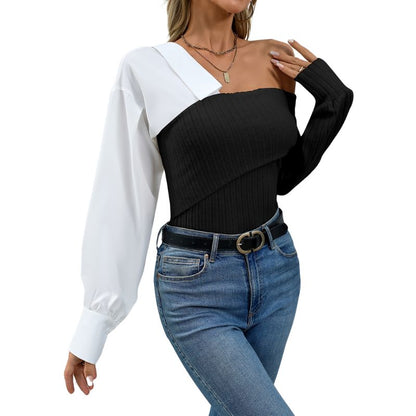 Elegante Ein-Schulter Bluse mit Farbblock-Design